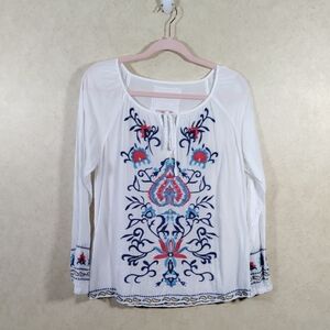 11520 Johnny Was white w/blue, red & yellow floral embroidery L/S blouse S